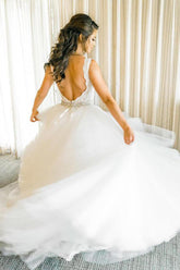 Ivory Tulle Ball Gown V Neck Rhinestone Wedding Dresses, Bridal Gown